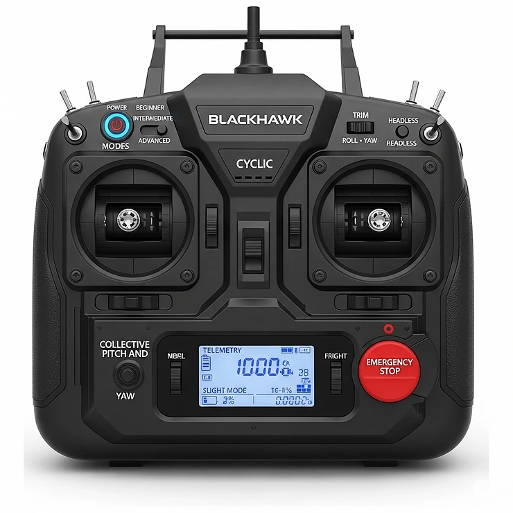 Ergonomic remote control unit specifically designed for a Blackhawk RC helicopter, displaying intuitive joysticks and control buttons for precision flying.