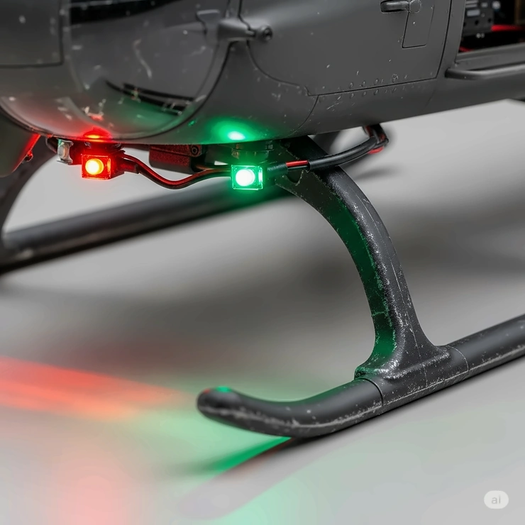 Close-up view of the durable landing gear and integrated LED navigation lights on a Blackhawk RC helicopter, enhancing realism and visibility.