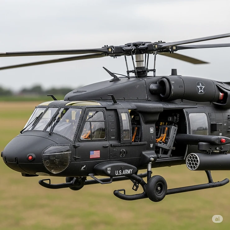 A detailed, high-resolution close-up of a Blackhawk RC helicopter, showcasing its realistic design and advanced features, ideal for hobbyists and collectors.