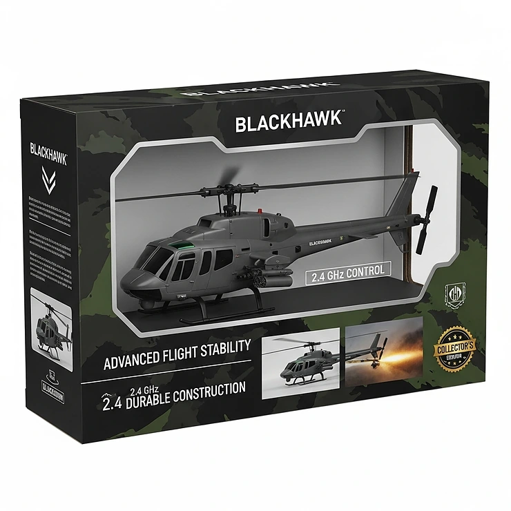 Professional retail packaging for a Blackhawk RC helicopter, highlighting key features and ideal for gifting or display.