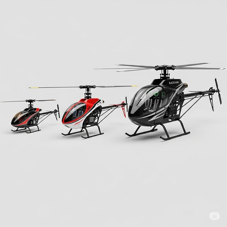 Side-by-side comparison of various Blackhawk RC helicopter models, demonstrating different scales and design complexities available for enthusiasts.
