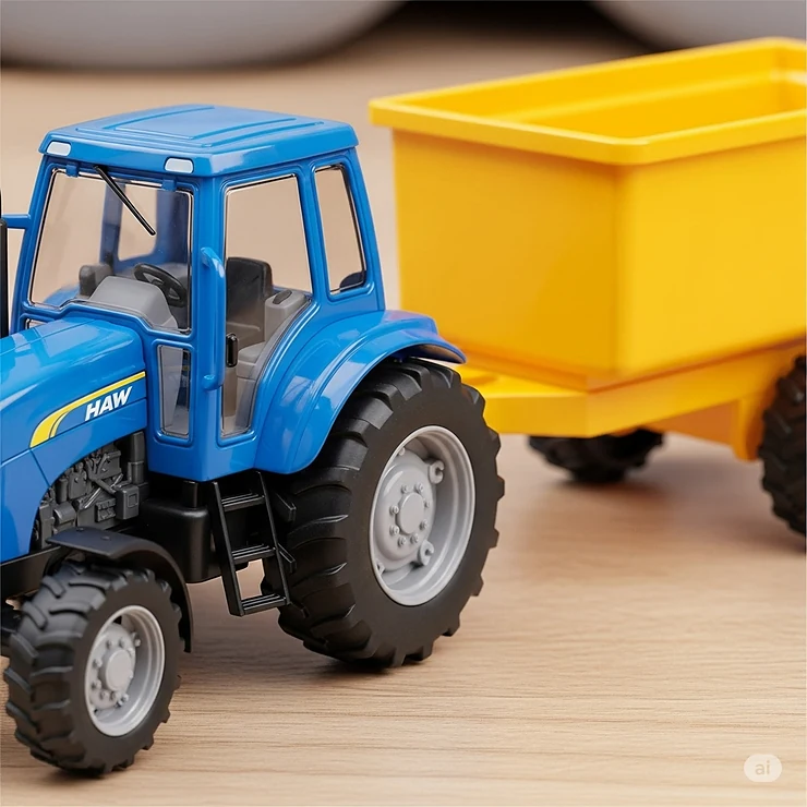 Close-up of a blue tractor toy with an attached yellow trailer, showcasing realistic detailing, perfect for imaginative play.