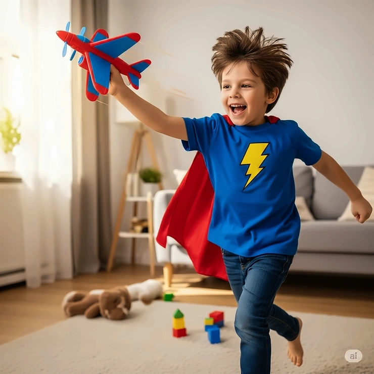 A happy boy in a superhero t-shirt runs across a living room, holding a plastic toy fighter plane and making "swooshing" noises.