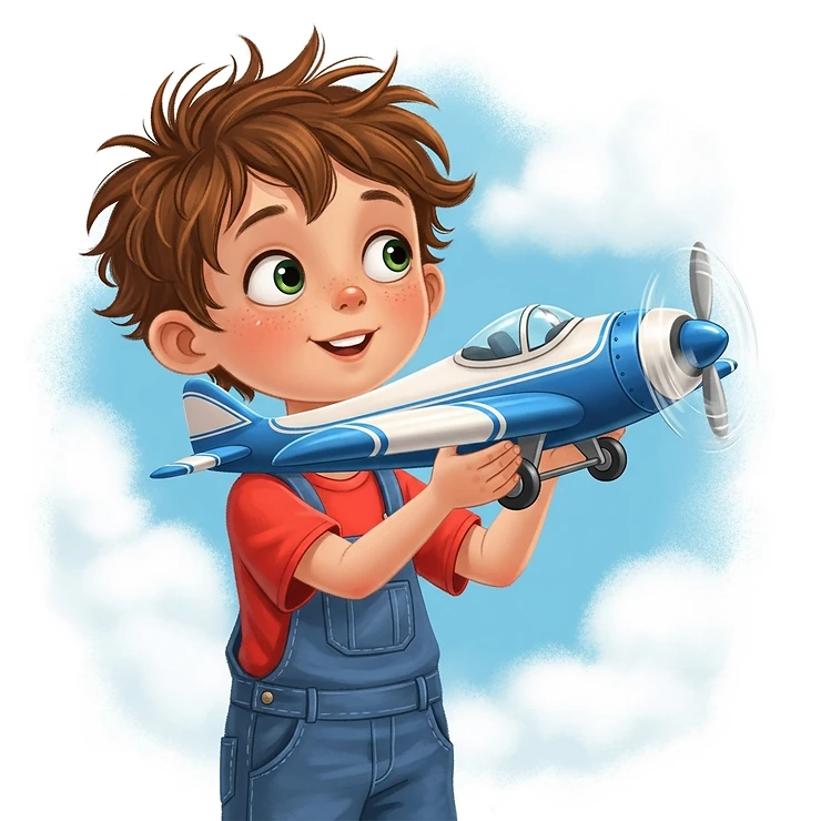 An illustration of a happy boy holding a blue and white toy airplane, ready for his next flying adventure.