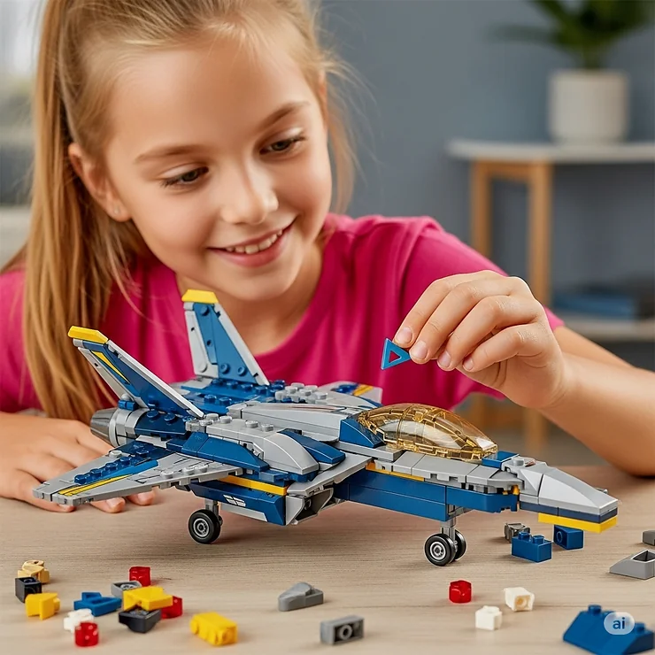 A set of interlocking building blocks arranged to look like a futuristic toy fighter plane, with a smiling girl adding the final piece.