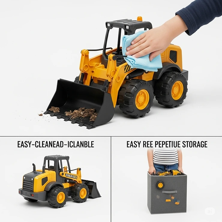 Image showing a durable toy skid loader being easily wiped clean and stored, highlighting its robust construction for long-lasting playtime.
