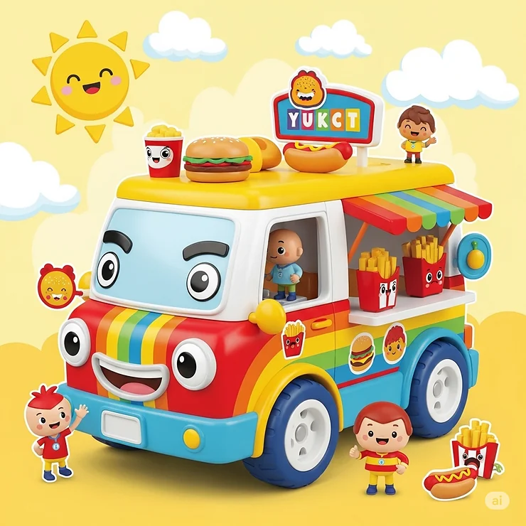 Fun and whimsical cartoon-style illustration of a toy food van, appealing to young children.