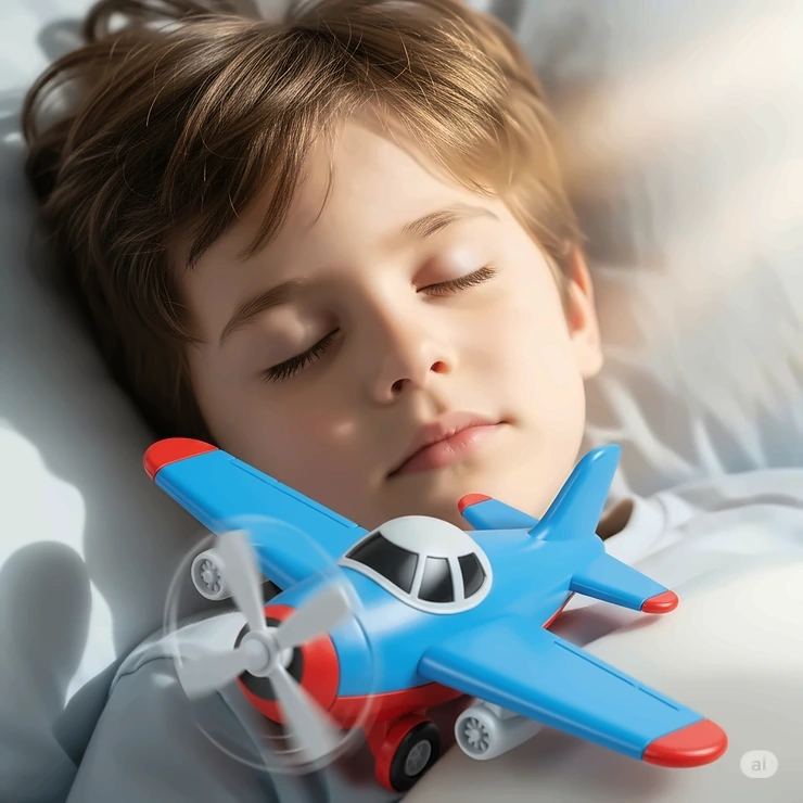 A child lying in bed, eyes closed, with a flying aeroplane toy on their chest, dreaming of adventures.