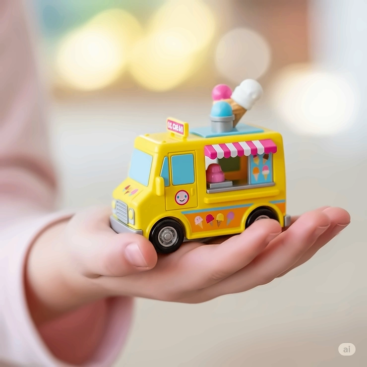 A child's hand gently holding a small, kid-friendly ice cream truck toy, emphasizing its perfect size for little hands.