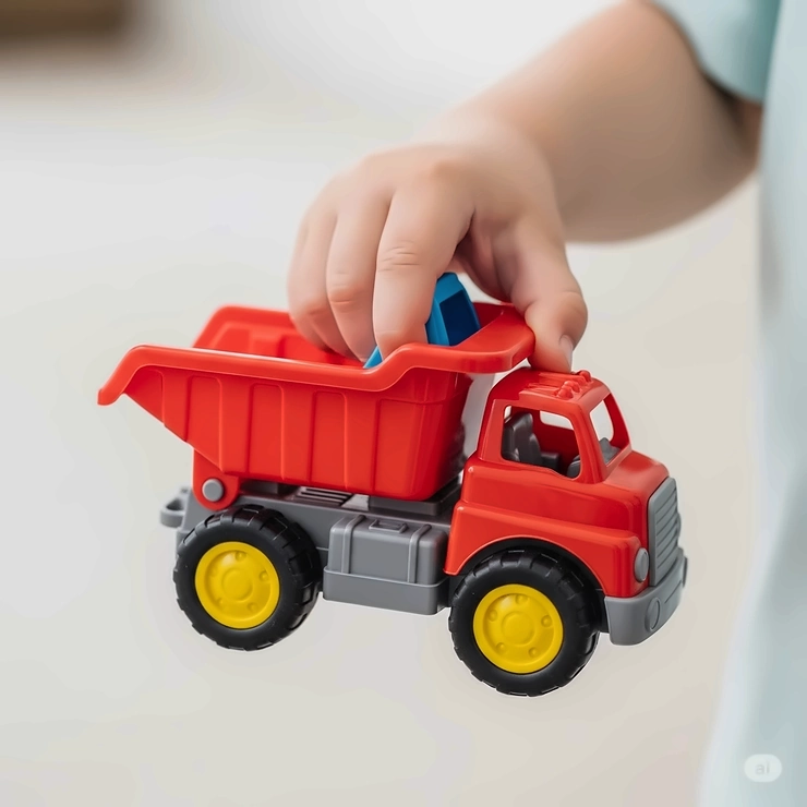 A childs small hand grasping a compact, brightly colored toy dump truck, emphasizing its size and ease of handling for young children.
