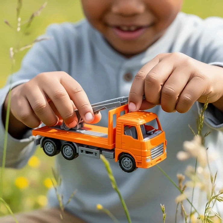 Happy child's hands holding a vibrant orange toy flatbed truck, demonstrating its perfect size for small hands.