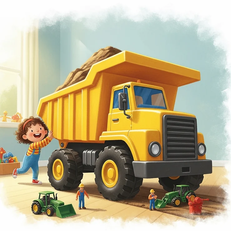 An illustration depicting a child joyfully pushing and playing with the biggest toy dump truck, highlighting the fun and engagement it provides.