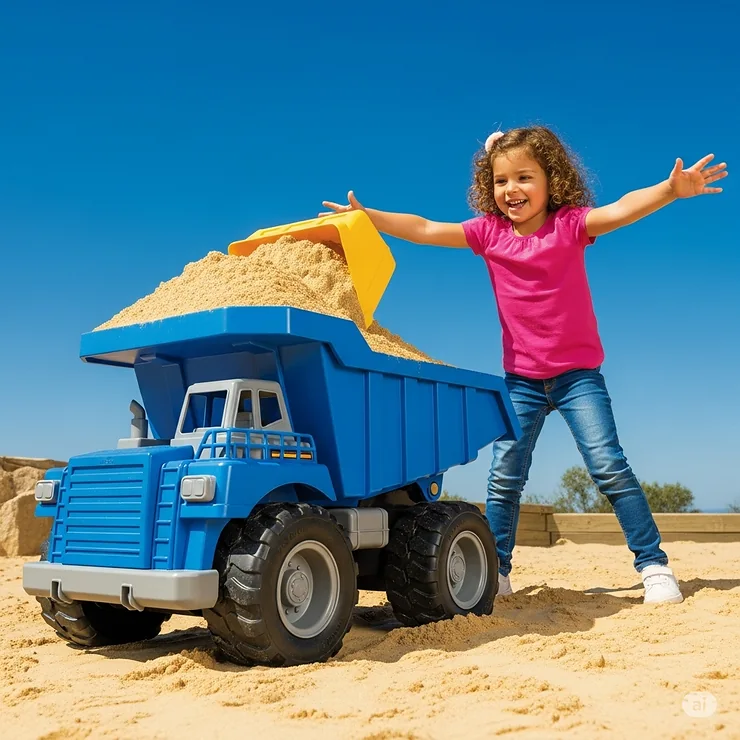 Happy child enthusiastically playing with a very large, durable toy dump truck, demonstrating its impressive size and capacity for hauling.