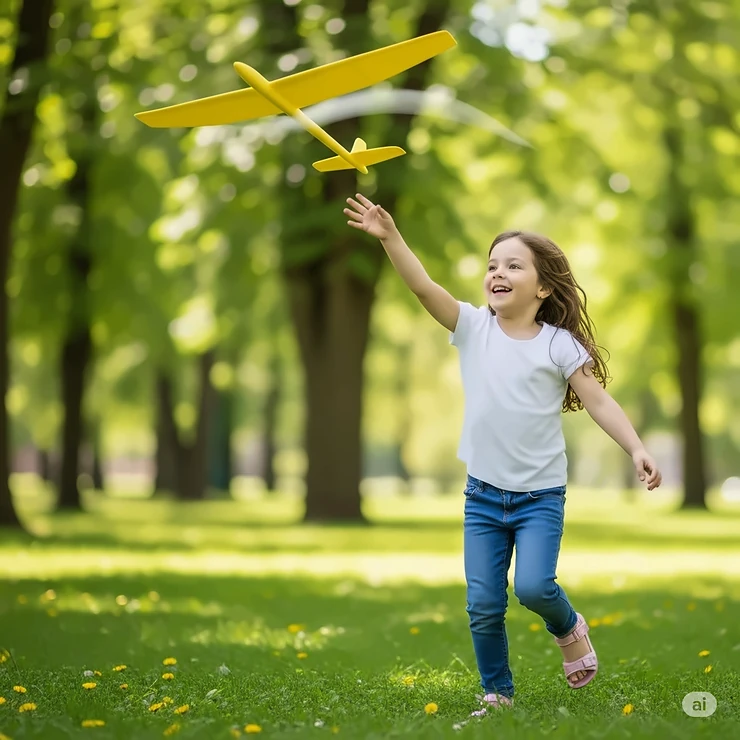 A happy child running in a park, throwing a foam glider toy into the wind, showcasing simple flying aircraft toys for kids.