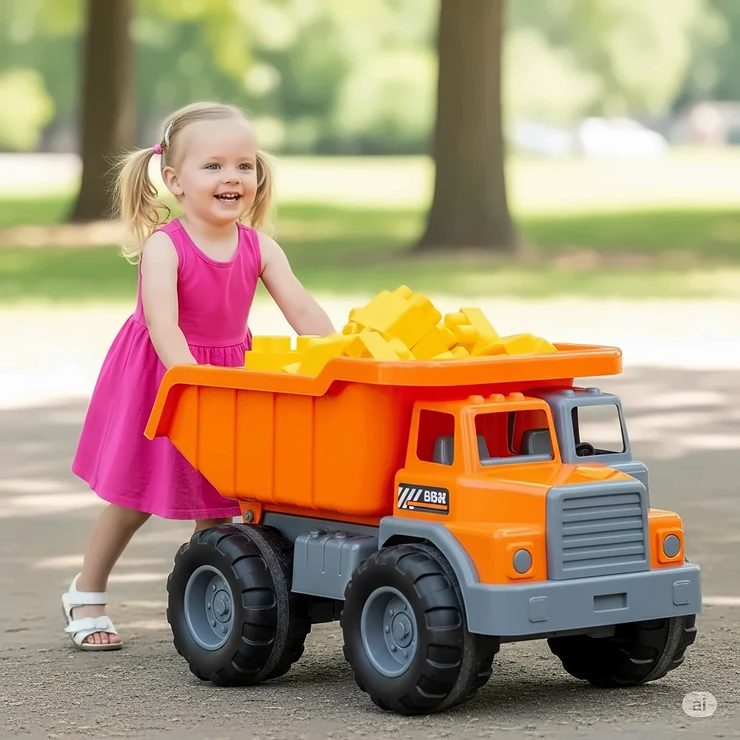 Happy child pushing a large dump truck toy, demonstrating its impressive size and play potential.