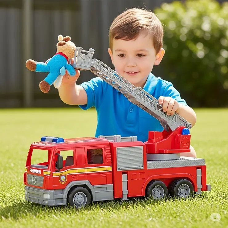 A happy child actively playing with a large, durable toy fire truck, simulating a rescue.