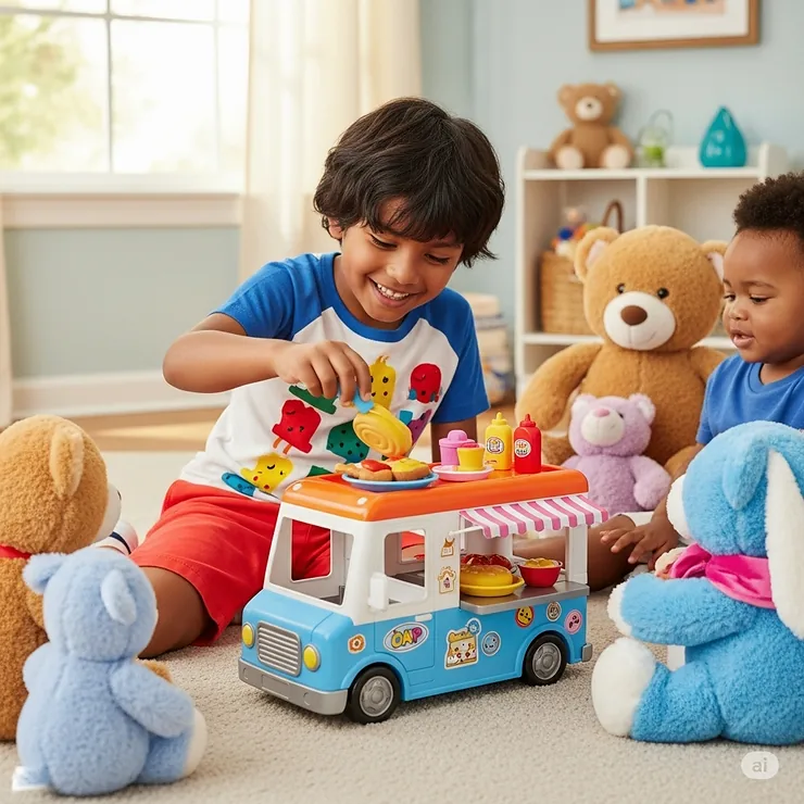 Happy child serving imaginary meals with a colorful food truck toy, inspiring creative play.