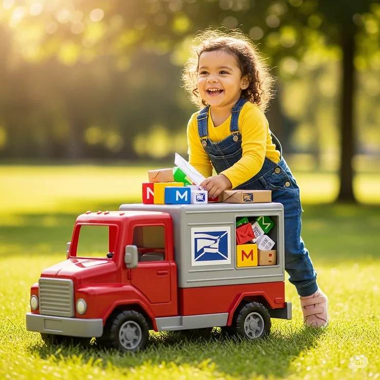 Happy child enthusiastically playing with a durable mail truck toy, delivering imaginary letters and packages.