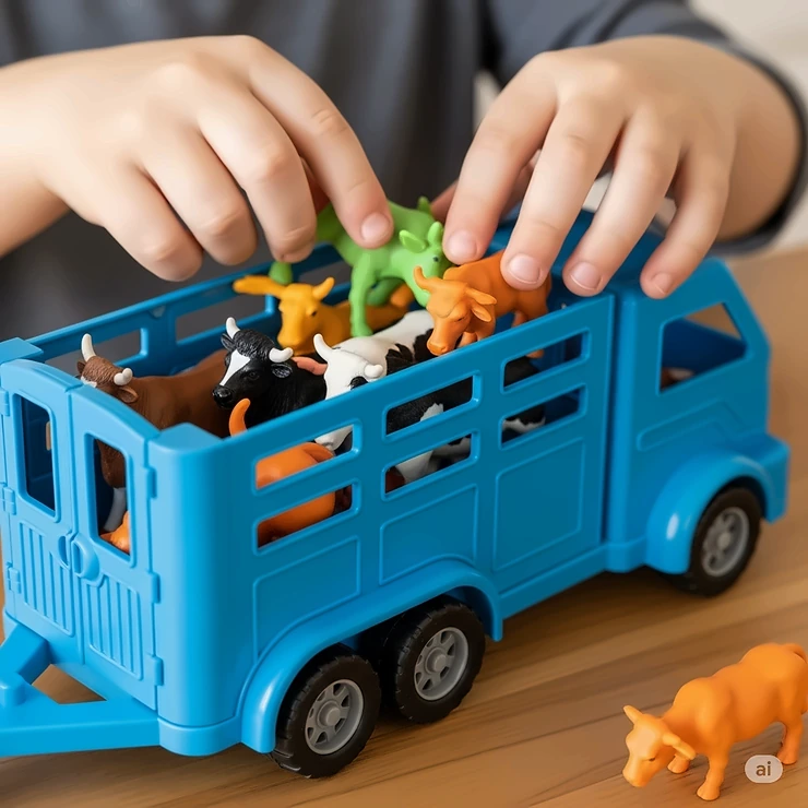 A child's hands are busy playing with a blue toy cattle trailer, loading farm animal figures, highlighting the interactive nature of the toy.