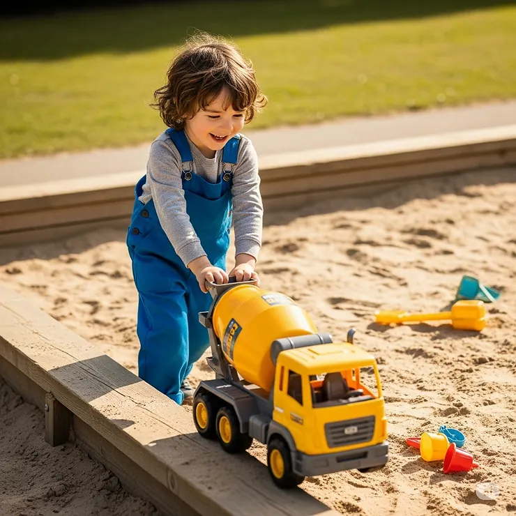 A happy child engrossed in play, pushing a durable toy concrete mixer truck across a sandbox, simulating a construction site.