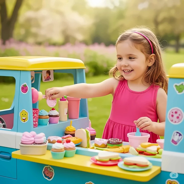 Happy child serving pretend treats from a colorful toy food van, engaging in creative role-playing.