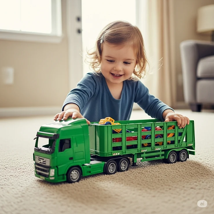 A young child happily playing with a green toy semi truck and its attached cargo trailer on a carpeted living room floor, demonstrating scale and engagement.