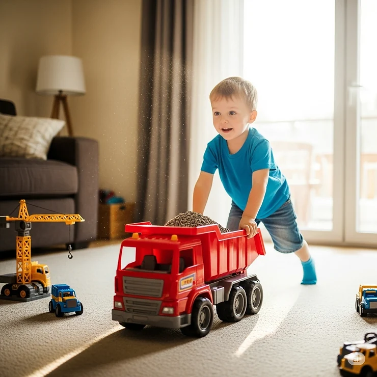 Young child happily pushing a durable toy big truck across a living room floor, demonstrating imaginative play with favorite toy vehicles.
