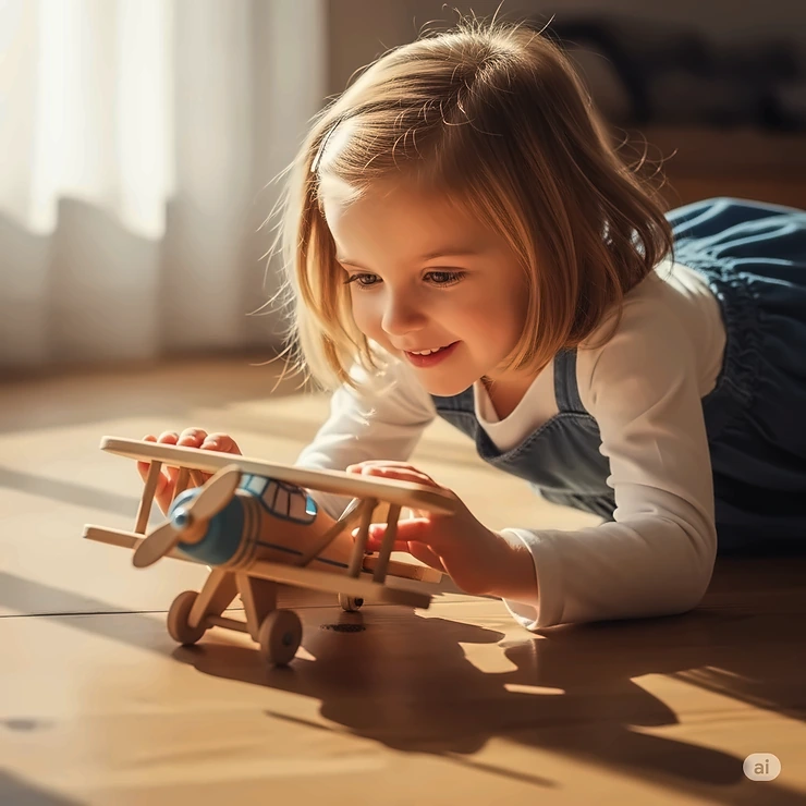 A happy child, around 5 years old, intently playing with a small, hand-painted wooden toy airplane on a natural wood floor, simulating flight.