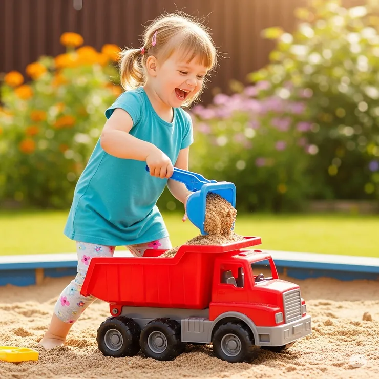 A young child happily playing with a sturdy red toy dump truck in a sandbox, scooping and dumping sand.