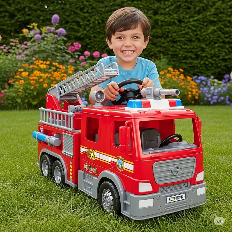 A child actively steering a detailed fire truck ride on toy, featuring realistic siren sounds and working lights for immersive play.