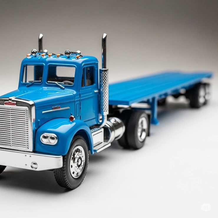 Close-up of a classic blue toy semi truck with a long, empty flatbed trailer, showcasing its detailed cab and wheels.