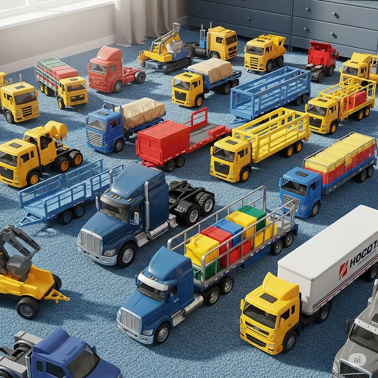 An overhead illustration showcasing a diverse collection of various big truck and trailer toys, highlighting their variety and appeal.