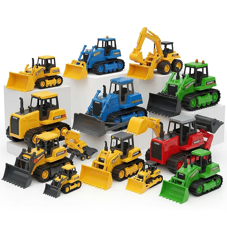 A diverse collection of dozer toys in various sizes and colors, showcasing different models available for young construction enthusiasts.