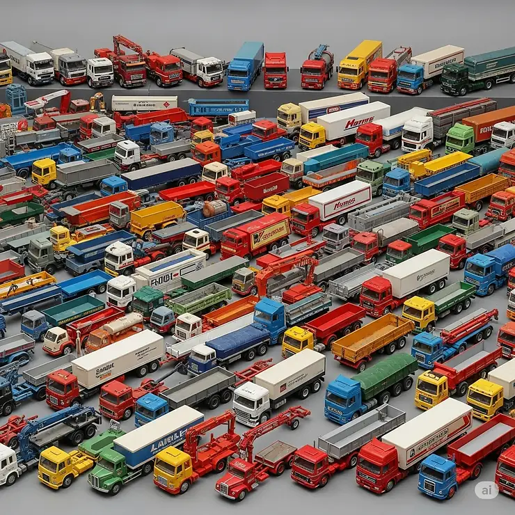 An overhead shot of an extensive collection of various toy big trucks and trailers, including different colors, sizes, and functions, appealing to enthusiasts and collectors.