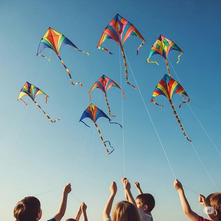 Several vibrant, diamond-shaped kites soaring high in a clear blue sky, demonstrating classic toys that fly, with children’s hands holding strings in the foreground.