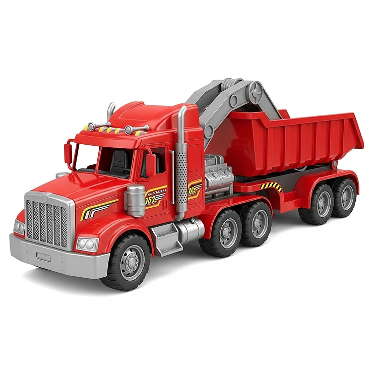 Illustration of a durable construction big rig toy with a dump trailer, designed for imaginative play with big truck and trailer toys.