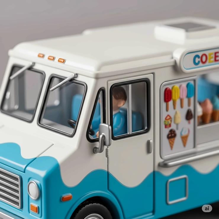 Close-up of a meticulously detailed miniature ice cream truck toy, highlighting its vibrant colors and realistic design.
