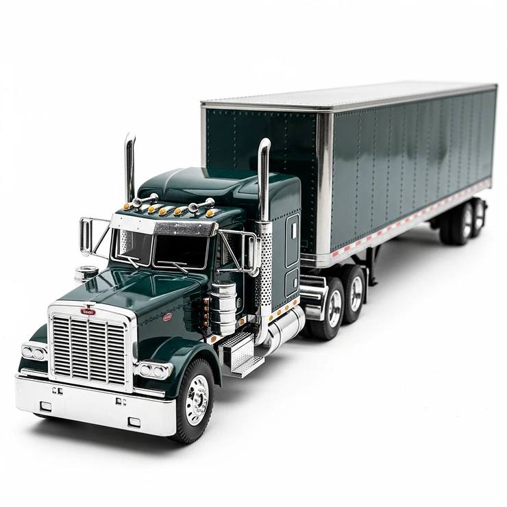 High-quality image of a detailed die-cast metal toy semi truck with an articulated box trailer, perfect for collectors or durable play.