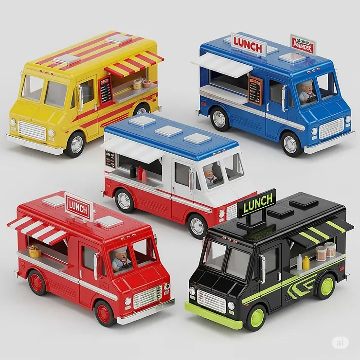 Assorted collection of various lunch truck toys, including vintage and modern designs, for endless fun.