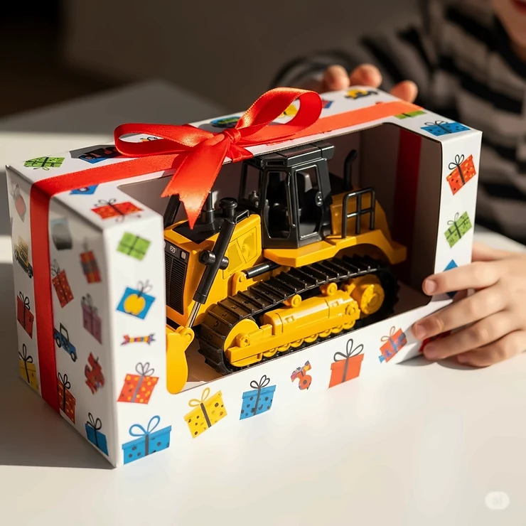 A brand new dozer toy neatly packaged in a colorful gift box, ready to be unwrapped by a child on a special occasion.
