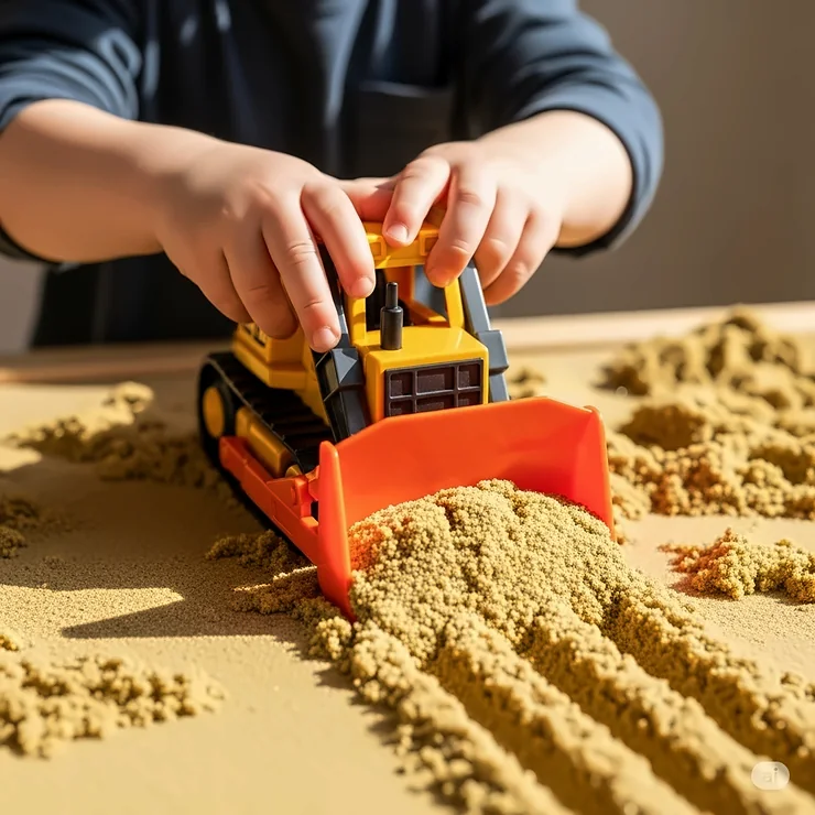 Child's hands operating a dozer toy, pushing a pile of kinetic sand, demonstrating its movable blade and enhancing motor skills.
