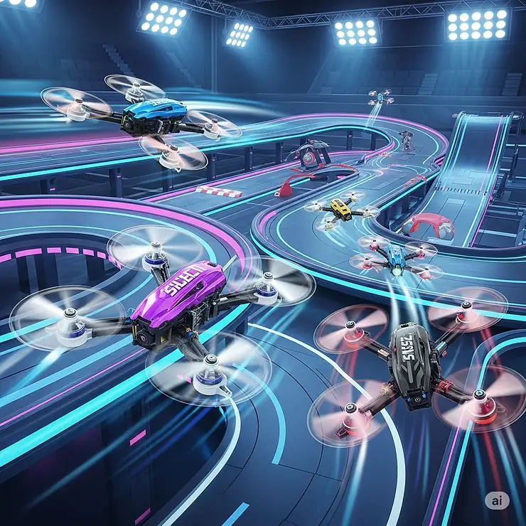 Dynamic illustration of miniature racing drones speeding around a track, highlighting the competitive aspect of advanced flying aircraft toys.