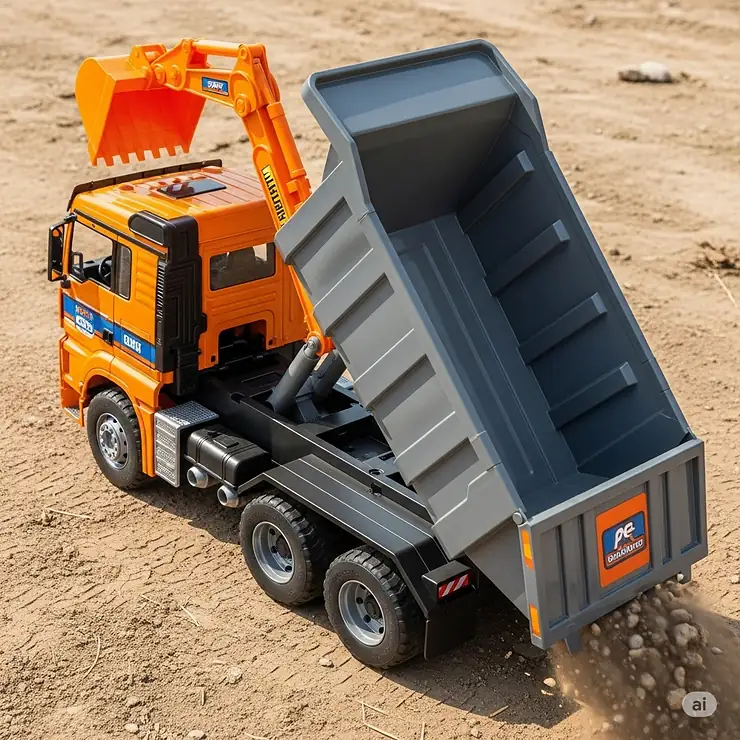The functional tilting bed of a large dump truck toy in action, perfect for realistic dumping fun.