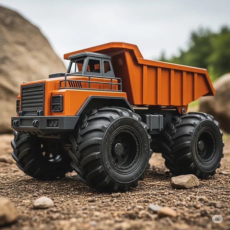 Durable, oversized tires on a large dump truck toy, designed for stability and rough terrain play.