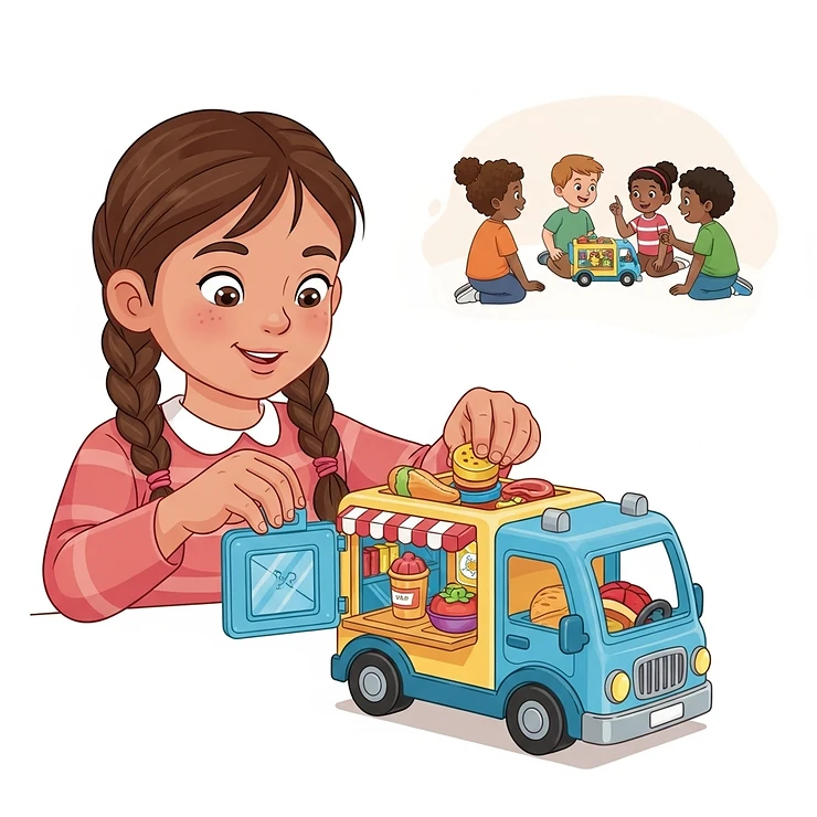 Educational lunch truck toy promoting fine motor skills and social play for young children.
