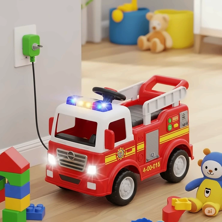 An electric fire truck ride on toy being charged, highlighting its rechargeable battery and easy-to-use controls for young drivers.