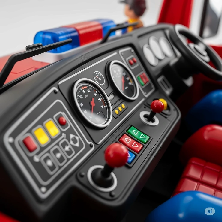 Detailed view of the dashboard on a fire truck ride on toy, featuring interactive buttons and gauges for an authentic play experience.