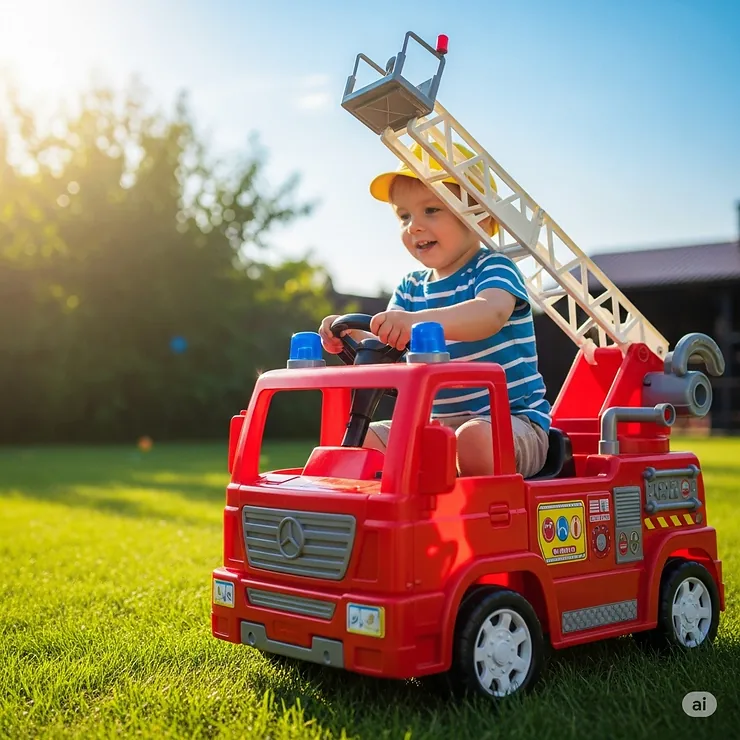 A fire truck ride on toy being enjoyed outdoors on a sunny day, perfect for adventurous kids and durable enough for various terrains.