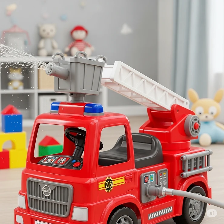A close-up of a fire truck ride on toy with a functional water hose, adding an exciting and realistic element to imaginative play.