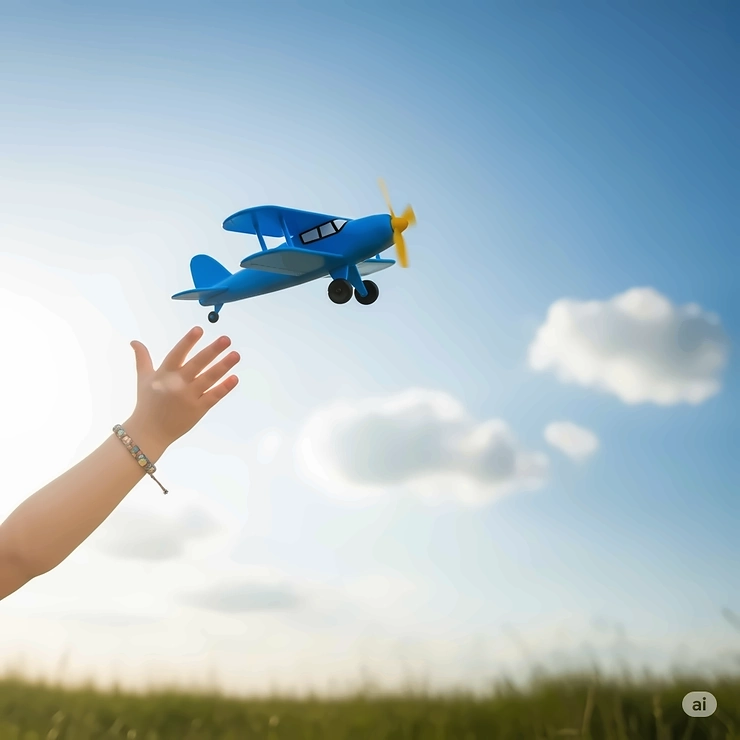 A child's hand launching a vibrant blue flying aeroplane toy against a clear sky, illustrating the joy of outdoor play.